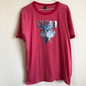 Vintage 1980s Super Screw Glitter Iron-On On New Red Ringer Short Sleeve T-Shirt